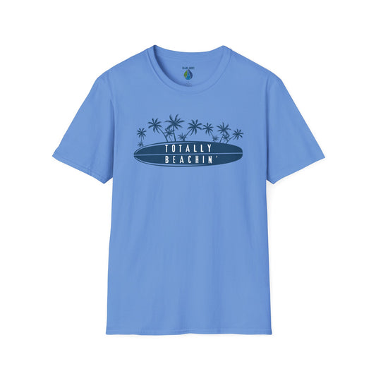 Blue t-shirt with 'TOTALLY BEACHIN' text and palm trees graphic design - Island Drops t-shirt collection | Unisex t-shirts