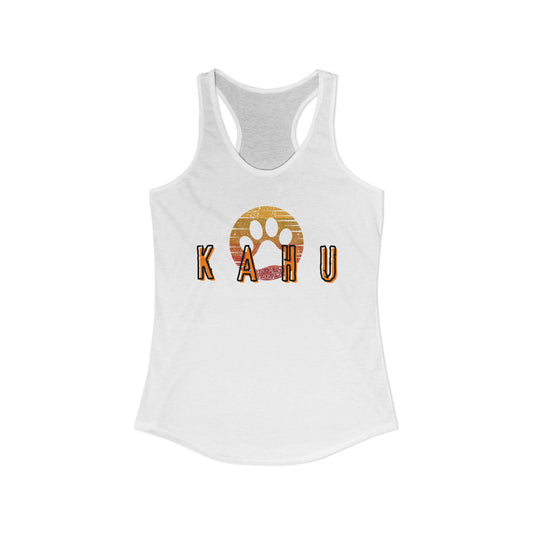 White tank top with 'Kahu' graphic design- Island Drops tank tops collection | Women's racer back tank