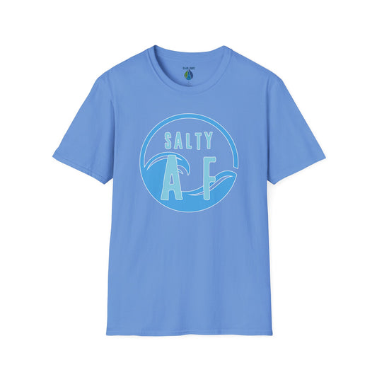 Blue t-shirt with 'SALTY AF' text and stylized ocean graphic design - Island Drops t-shirt collection | Unisex t-shirts
