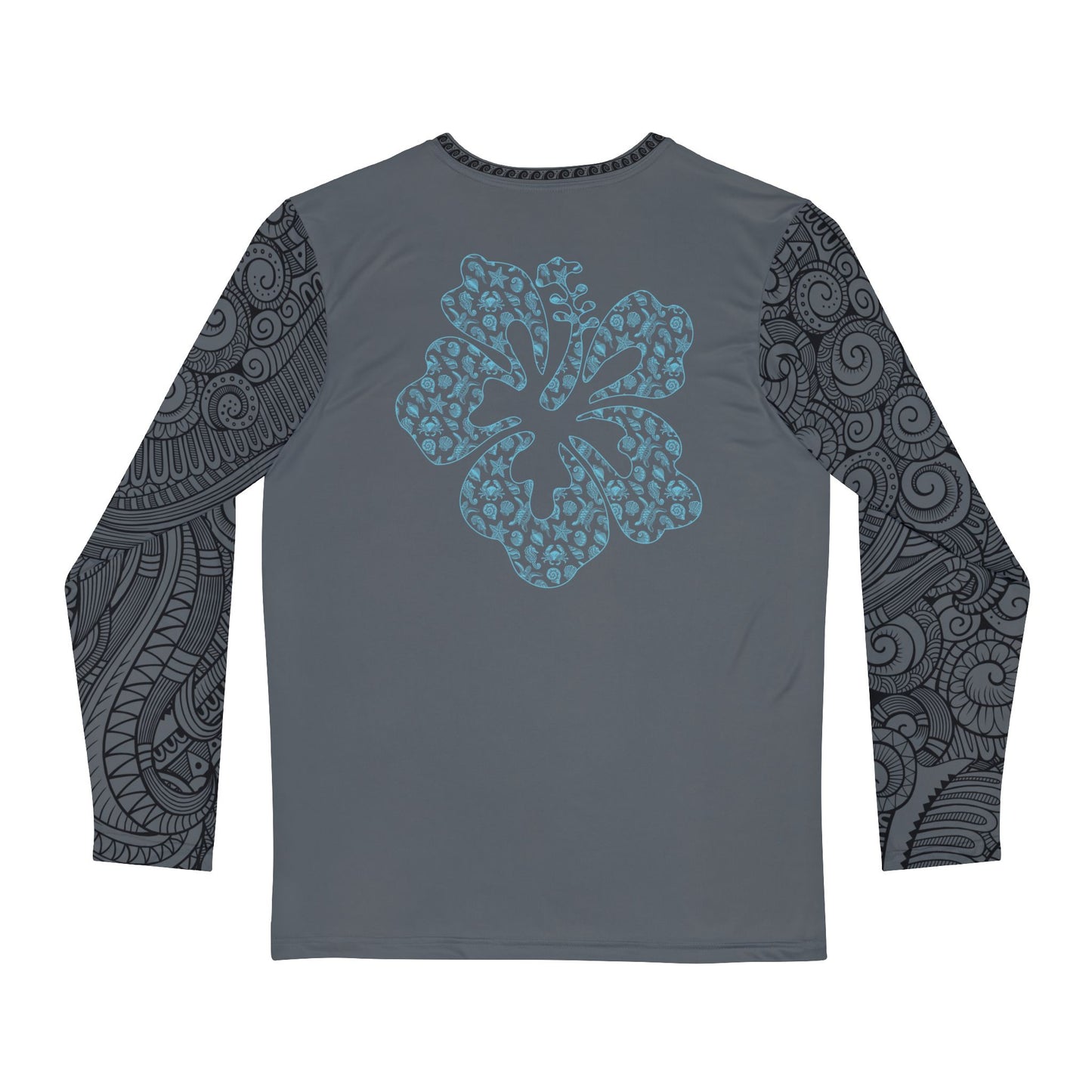 Back of long-sleeve shirt with hibiscus graphic design and tribal tattoo sleeve pattern - Island Drops long sleeve collection | Unisex shirts