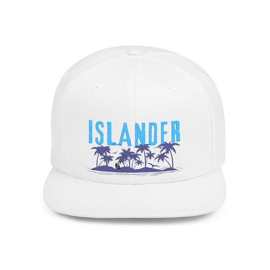 White cap with 'ISLANDER' text and palm trees and island graphic design - Island Drops hat collection | Unisex snapback cap