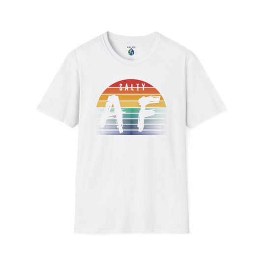 White t-shirt with 'SALTY AF', graphic design and rainbow sunset - Island Drops t-shirt collection | Unisex t-shirts
