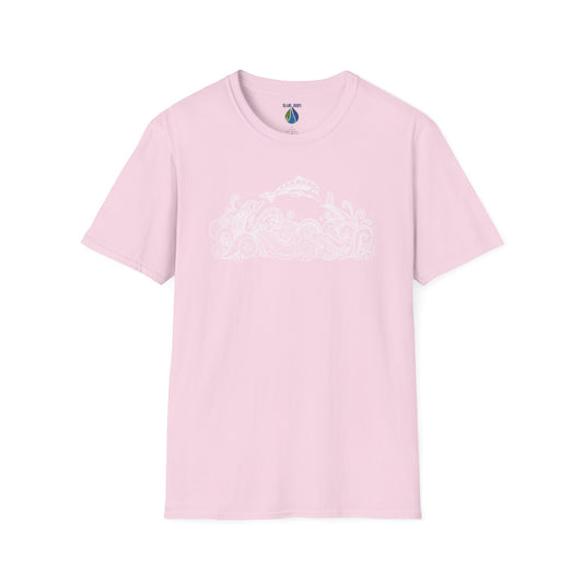 Pink t-shirt with dolphin and tribal tattoo style ocean graphic design - Island Drops t-shirt collection | Unisex t-shirts