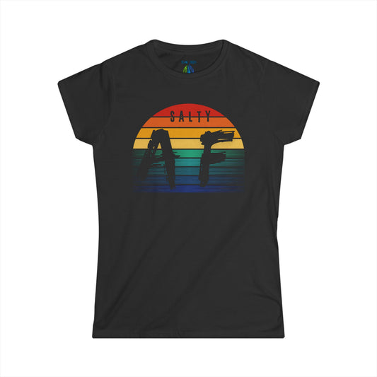 Black women's cut t-shirt with a colorful rainbow sunset graphic and 'Salty AF' text - Island Drops Women's collection | Women's cut t-shirt
