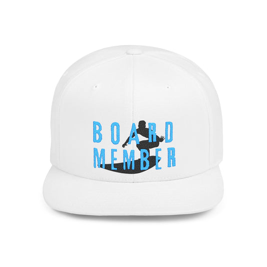 White cap with 'BOARD MEMBER' text and a surfer graphic design - Island Drops hat collection | Unisex snapback cap