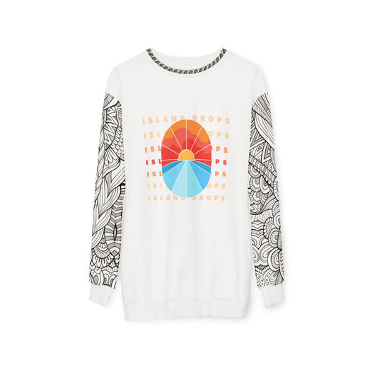 White sweatshirt with 'ISLAND DROPS' text behind a graphic sunset and tribal tattoo sleeve pattern - Island Drops long sleeve collection | Unisex sweatshirt