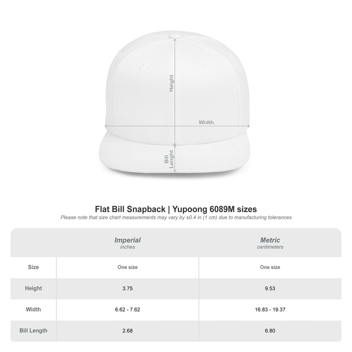 Island Girl surfer outline snapback size chart with height, width, and bill length