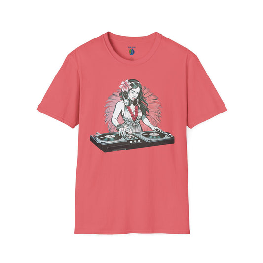 Coral t-shirt with a female hula dancer as a DJ graphic design - Island Drops T-shirt collection | Unisex t-shirt