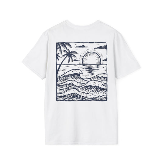 Sunset Sketch Tee back print in White color — linocut sunset design streetwear shirt
