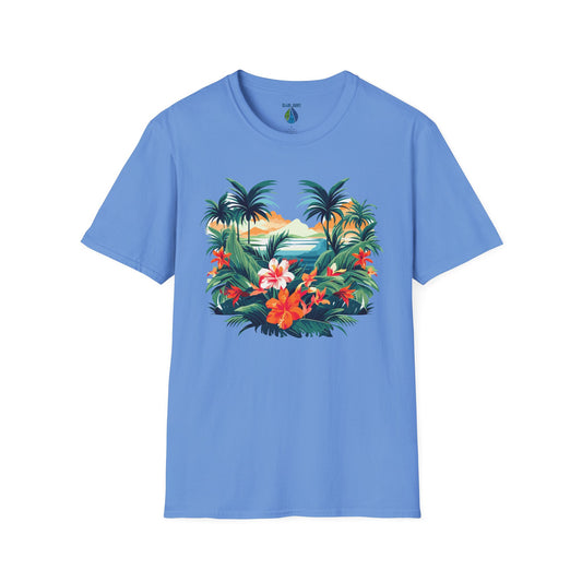 Blue t-shirt with floral beach graphic design - Island Drops t-shirt collection | Unisex t-shirt