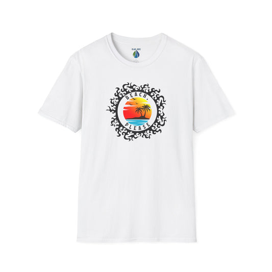 White t-shirt with 'BEACH, PLEASE' text and island sunset graphic design - Island Drops t-shirt collection | Unisex t-shirts