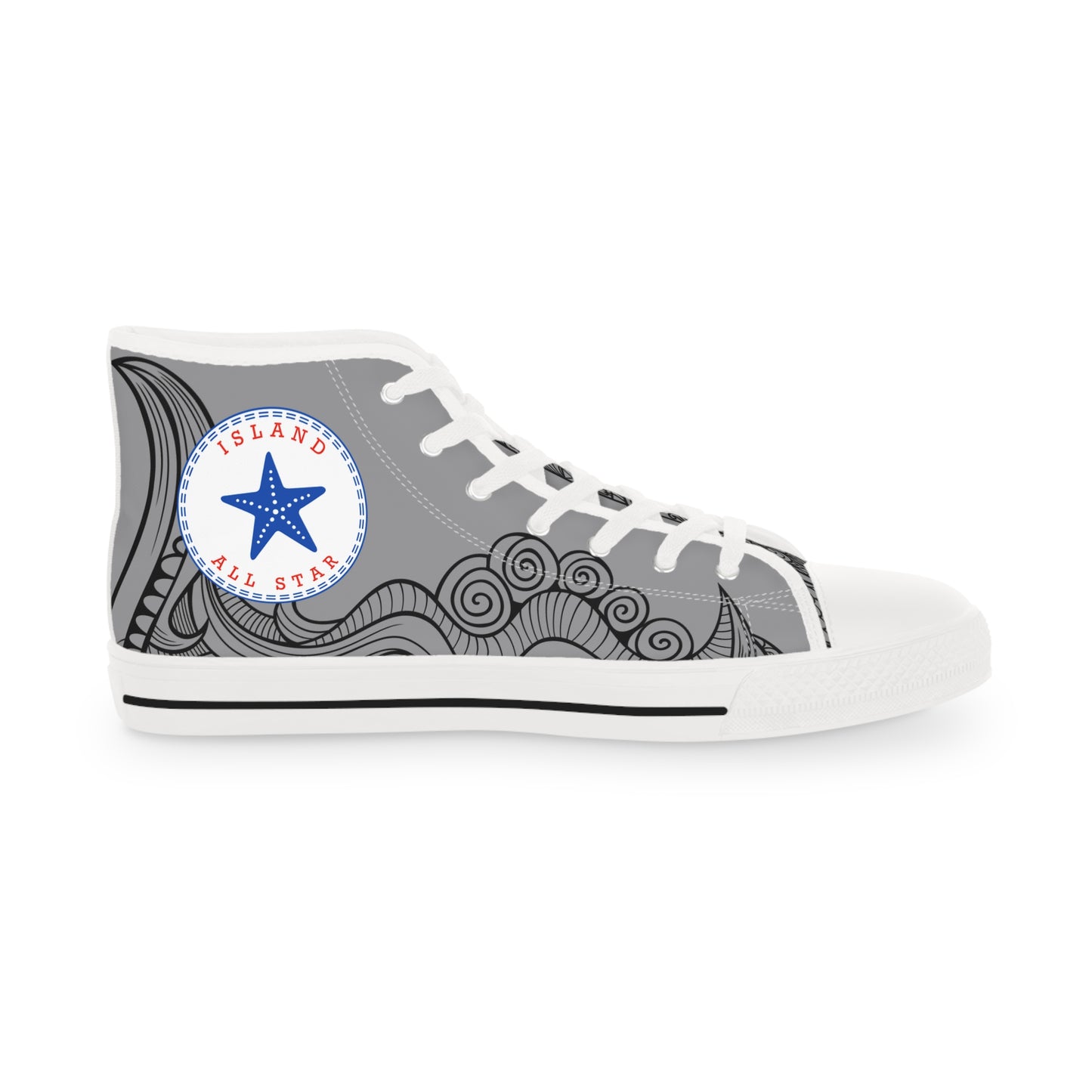 Gray and white High-top sneakers with tribal tattoo graphic design - Island Drops shoes collection | Unisex High top shoes