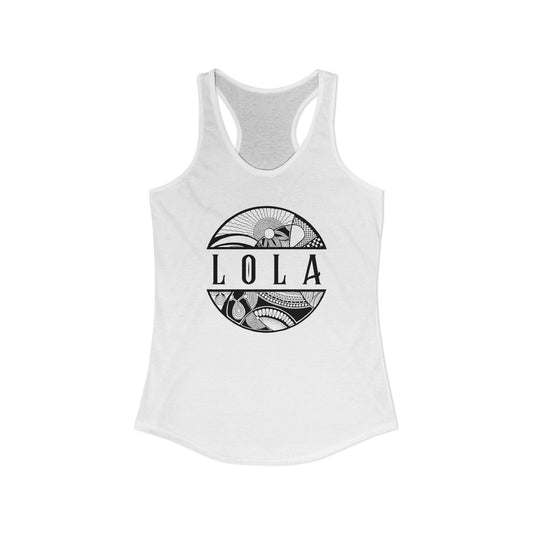 White tank top with 'LOLA', meaning grandma, graphic design - Island Drops tank tops collection | Women's racer back tank
