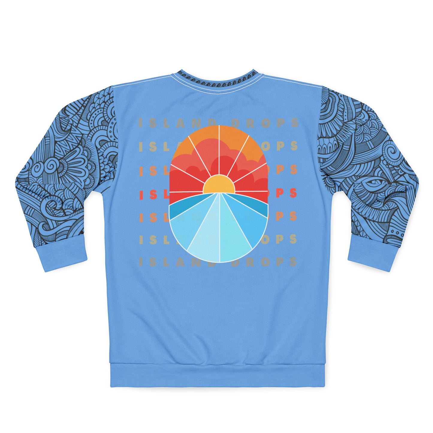 Back of sweatshirt with 'ISLAND DROPS' text behind a graphic sunset and tribal tattoo sleeve pattern - Island Drops long sleeve collection | Unisex sweatshirt