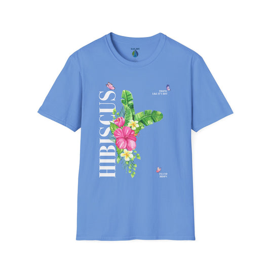 Blue t-shirt with 'HIBISCUS' text and a a stylized hibiscus graphic design - Island Drops t-shirt collection | Unisex t-shirt