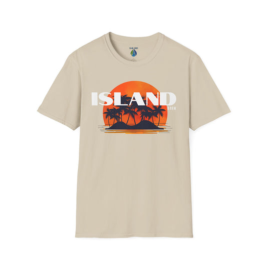 Beige t-shirt with 'ISLAND BORN' graphic design with sunset and palm trees on an island - Island Drops t-shirt collection | Unisex t-shirts