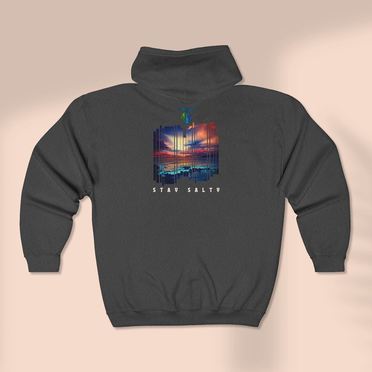 Back of full zip hoodie with a stylized sunset design and 'STAY SALTY' text - Island Drops hoodie collection | Unisex zipper hoodie