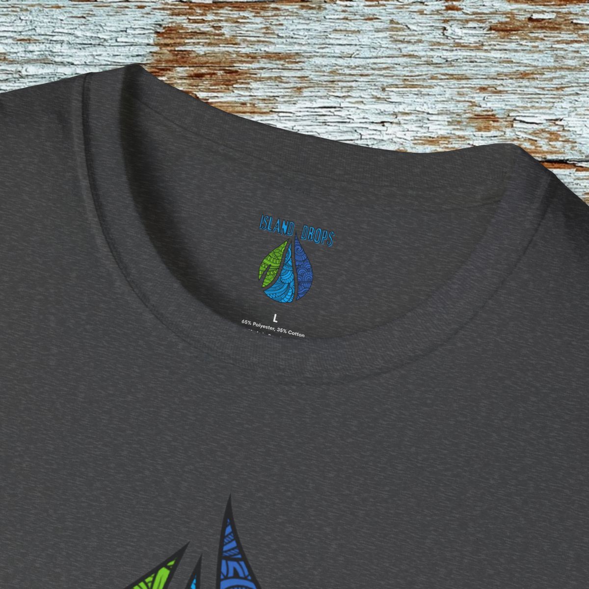 Dark gray t-shirt with Island Drops label