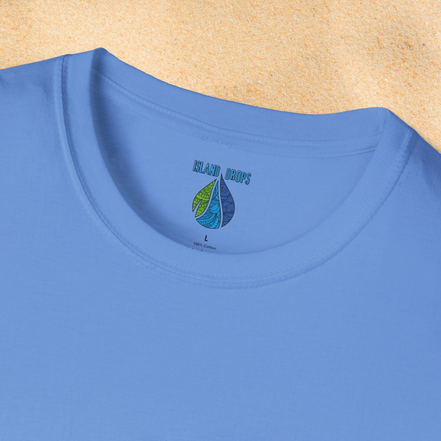 Blue t-shirt with Island Drops label
