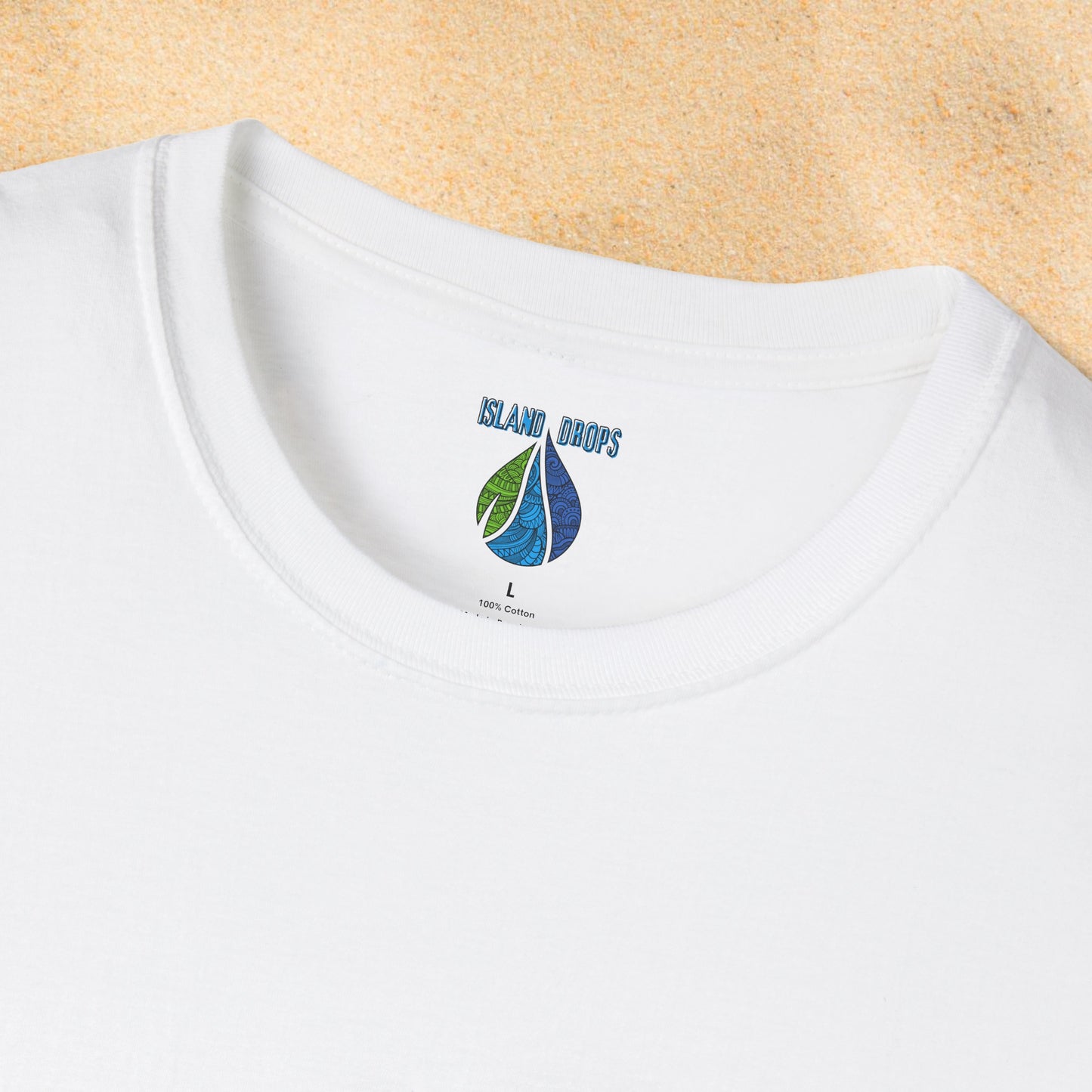 White t-shirt with 'Island Drops' label
