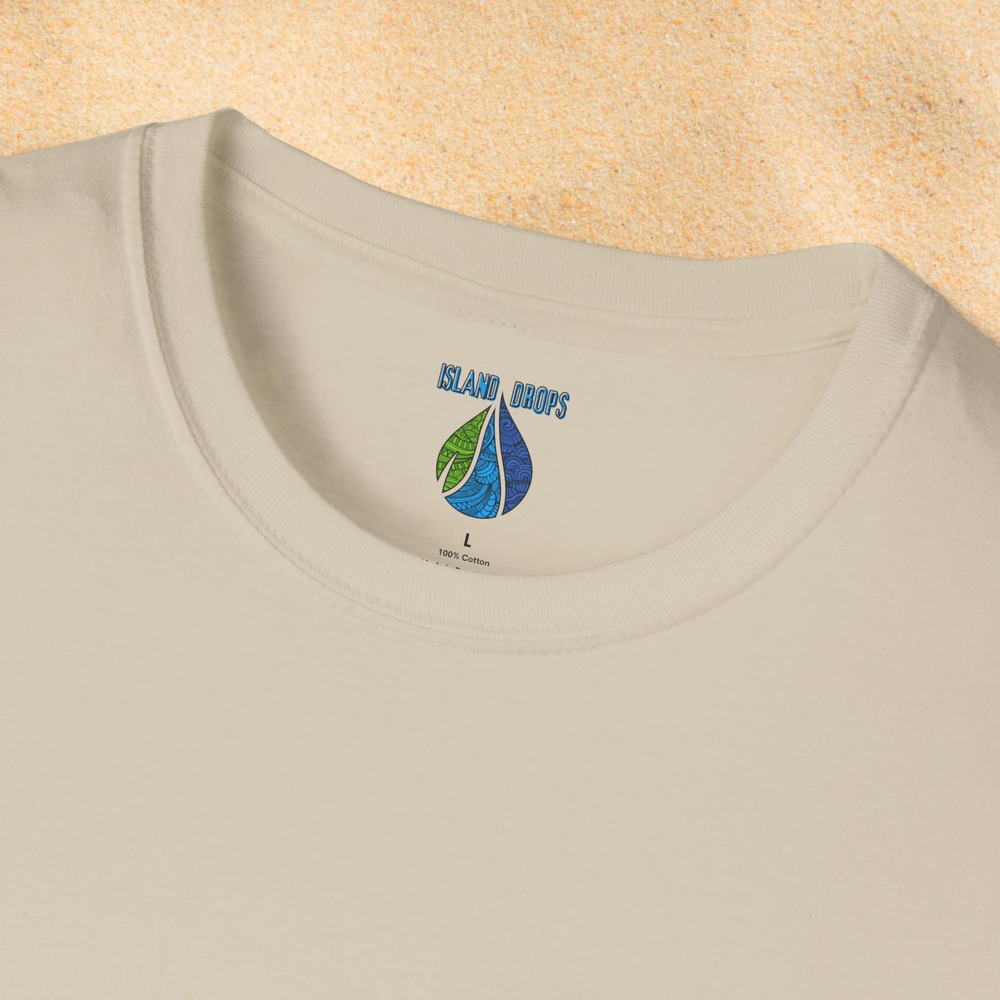 Beige t-shirt with 'Island Drops' label