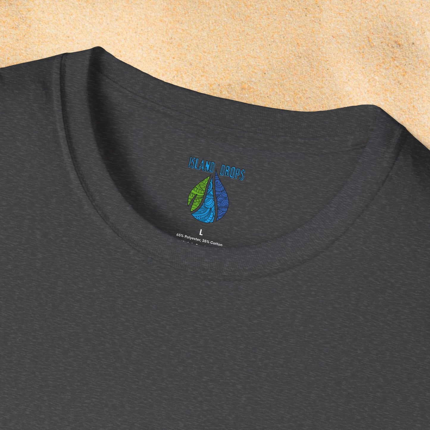 Dark gray t-shirt with Island Drops label