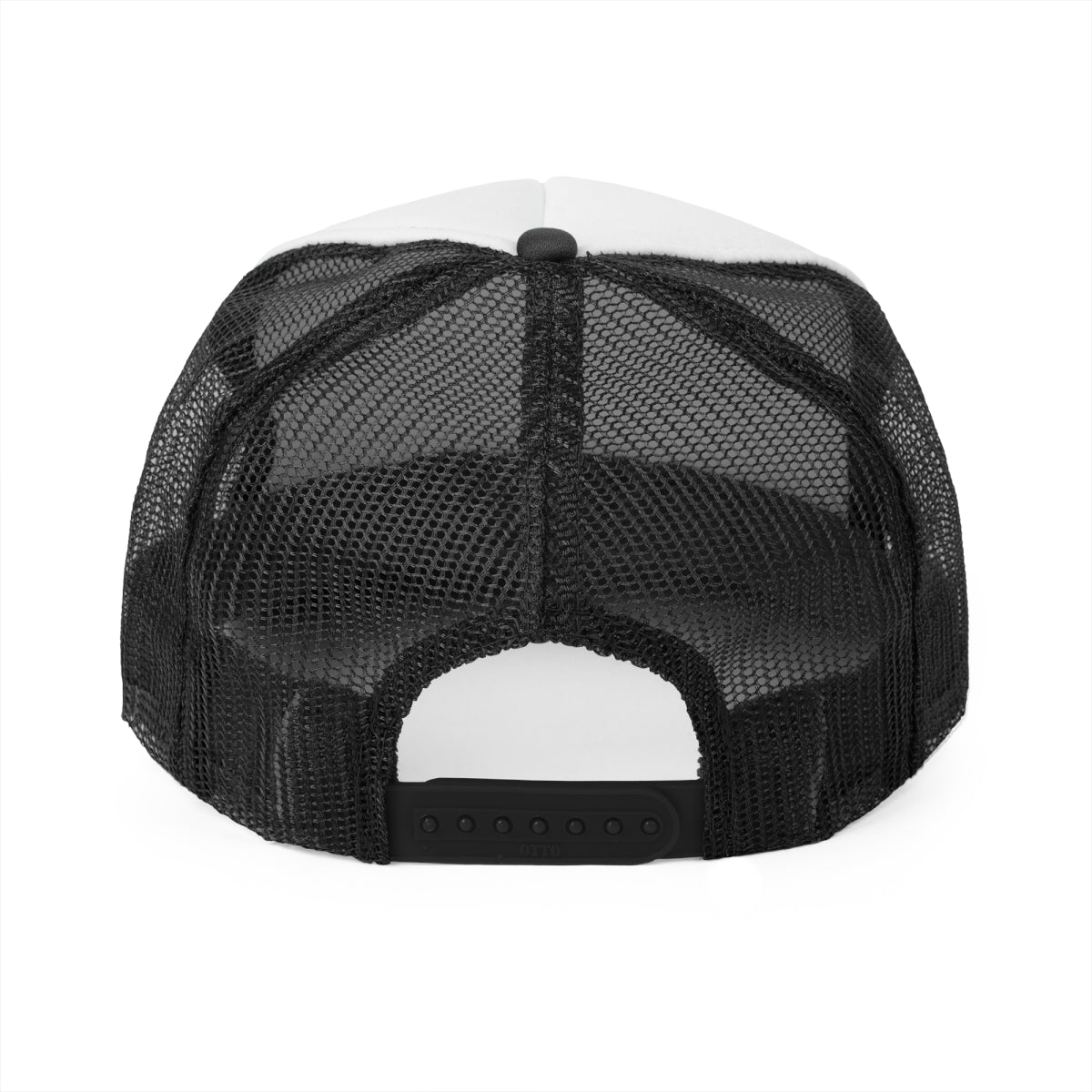Black mesh cap with white back on a white background