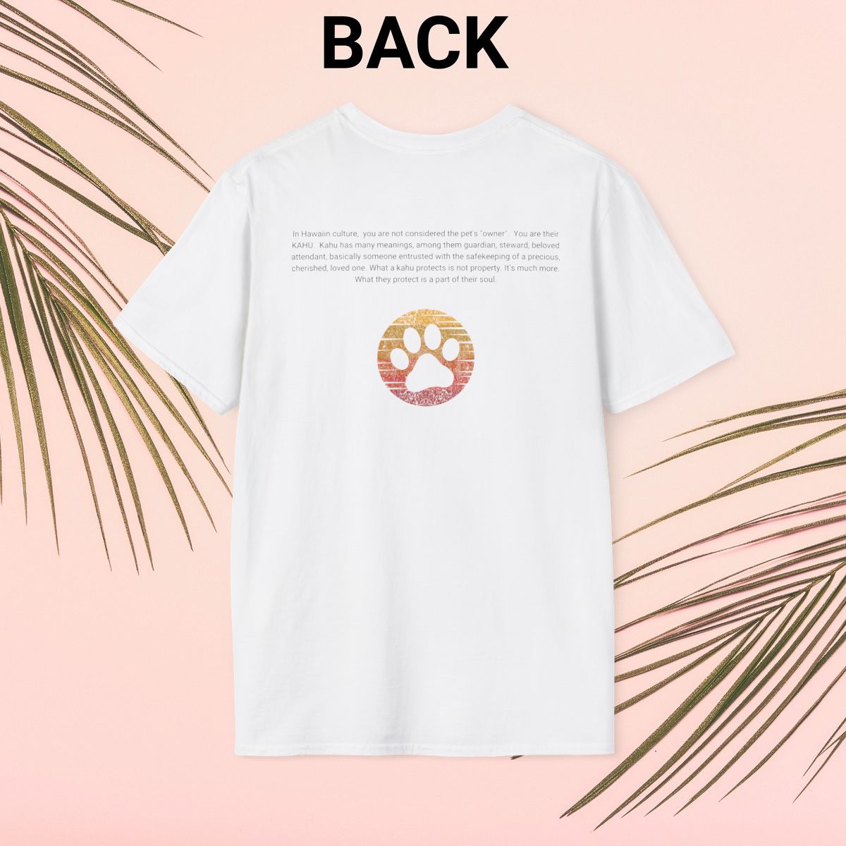 Back of t-shirt with 'KAHU' text and sunset paw print graphic design with Kahu meaning - Island Drops t-shirt collection | Unisex t-shirts