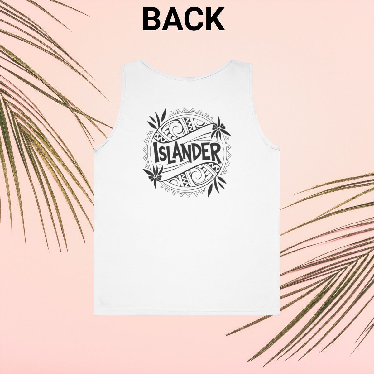 White tank top with 'Islander' graphic design - Island Drops tank tops collection | Unisex tank tops
