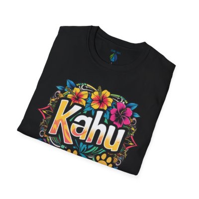 Black t-shirt with colorful 'Kahu' design on a white background