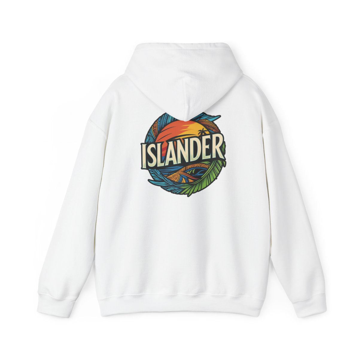 White hoodie with 'ISLANDER' logo - Island Drops hoodie collection | Unisex pullover back view