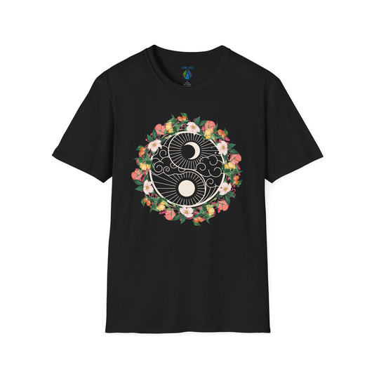 Black t-shirt with a floral yin yang design - Island Drops t-shirt collection | Unisex t-shirts