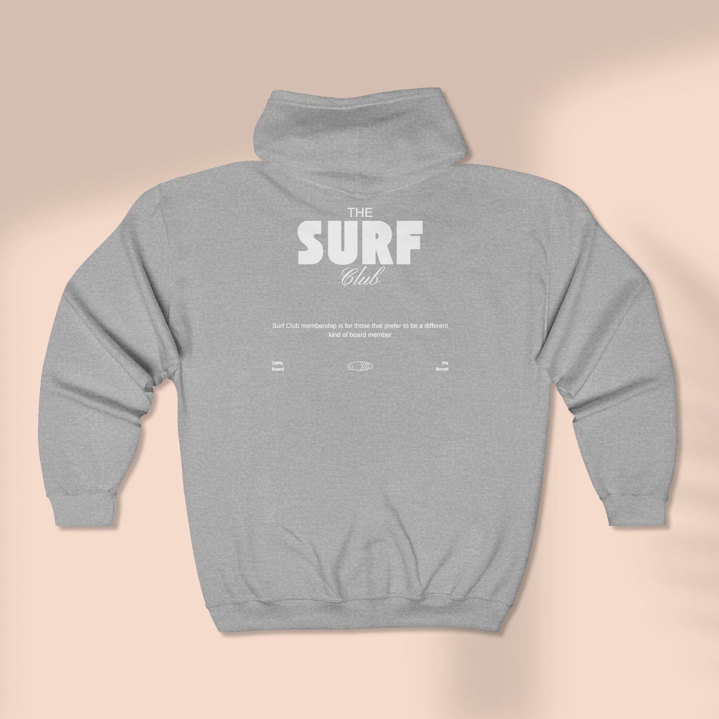 Back of full zip hoodie with 'THE SURF CLUB' text, 100% BOARD, 0% BORED - Island Drops hoodie collection | Unisex zipper hoodie