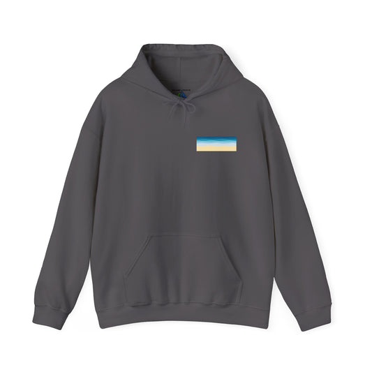 Dark gray hoodie with a stylized beach graphic with 'MOOD: BEACHY' text - Island Drops hoodie collection | Unisex pullover