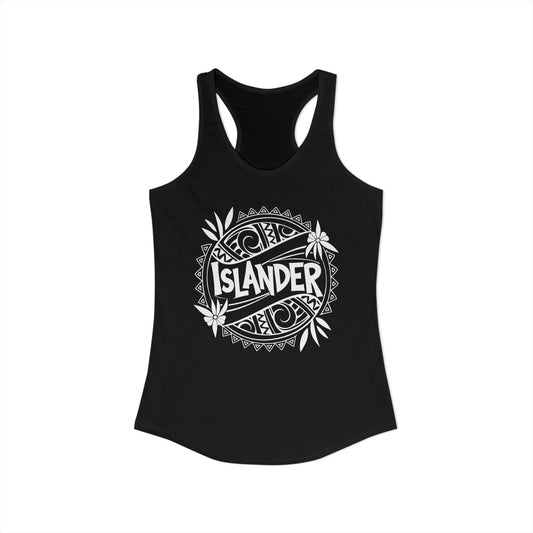 Black tank top with 'ISLANDER' graphic design- Island Drops tank tops collection | Women's racer back tank