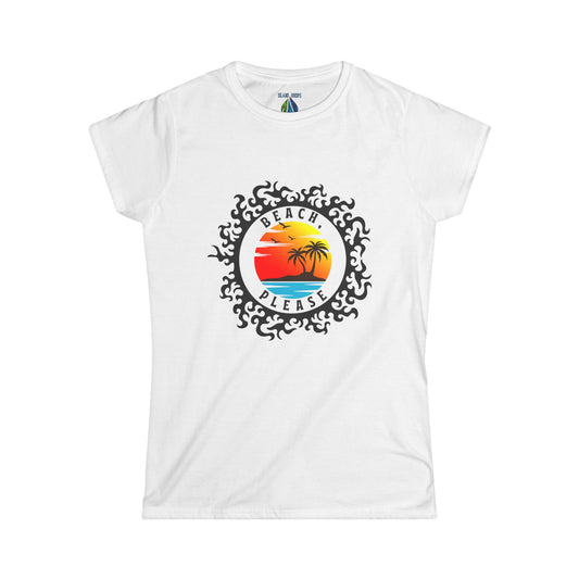 White women's cut t-shirt with 'Beach, Please' sunset graphic design - Island Drops Women's collection | Women's cut t-shirt
