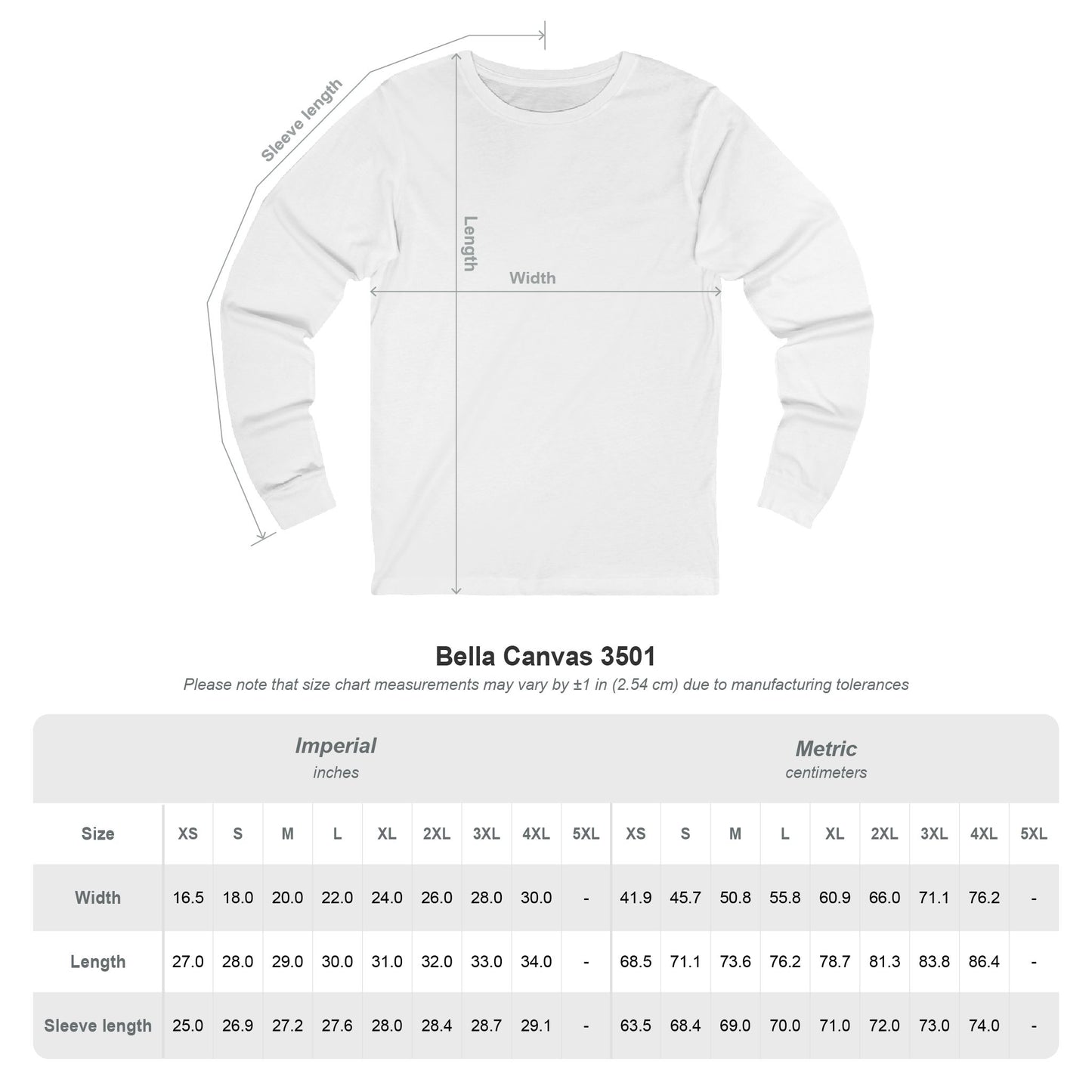 White long-sleeve shirt with measurement chart long-sleeve shirt with 'Salty AF' graphic design - Island Drops long sleeve collection | Unisex shirts
