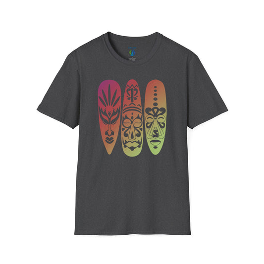 Gray t-shirt with colorful gradient island masks graphic design - Island Drops t-shirt collection | Unisex t-shirts