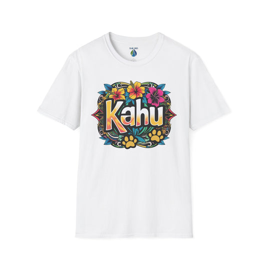 White t-shirt with colorful 'Kahu' graphic design with flowers and paw prints - Island Drops t-shirt collection | Unisex t-shirt