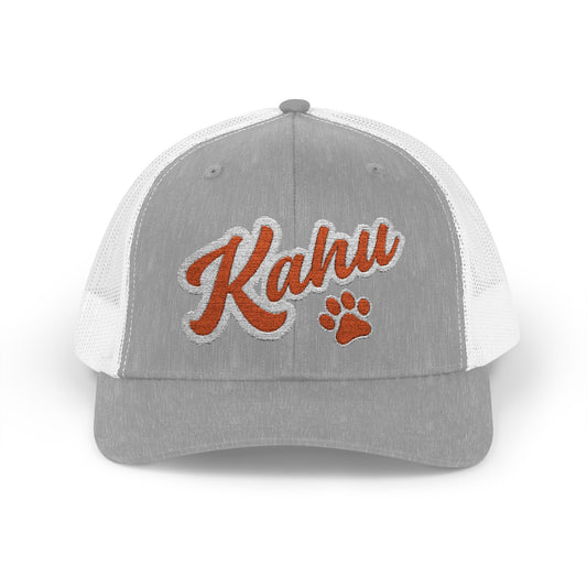 Gray and white cap with 'Kahu' branding with paw print graphic design - Island Drops hat collection | Unisex trucker hat, trucker cap