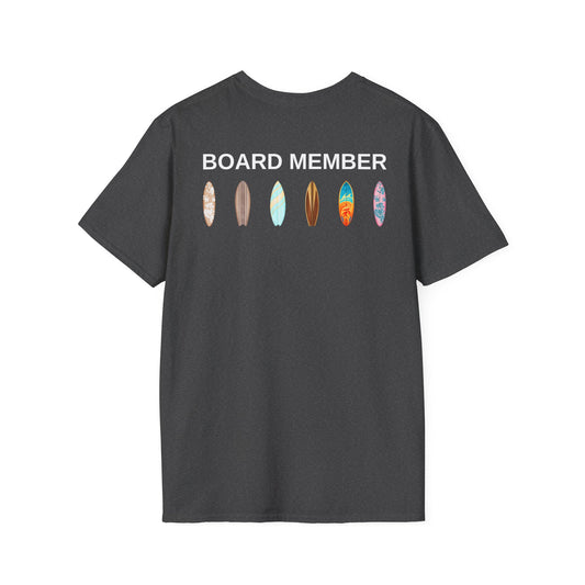 Gray t-shirt with 'BOARD MEMBER' text and colorful surfboard icons on the back - Island Drops t-shirt collection | Unisex t-shirts