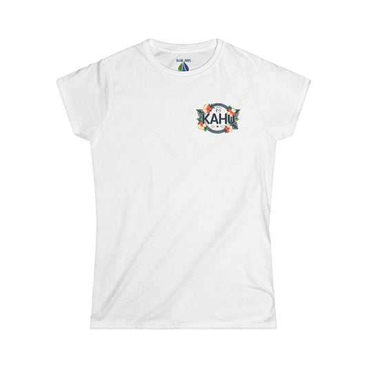 White women's t-shirt with a graphic KAHU design with flowers and paw prints - Island Drops women's t-shirt collection | Women's cut t-shirt