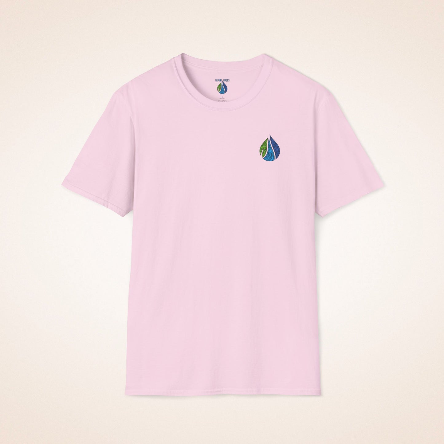 Pink t-shirt with Island Drops logo on the front chest and 'BOARD MEMBER' text and colorful surfboard icons on the back - Island Drops t-shirt collection | Unisex t-shirts