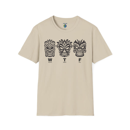 Beige t-shirt with three tiki mask designs and 'WTF' text t-shirt - Island Drops t-shirt collection | Unisex t-shirts