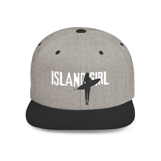 Gray and black cap with 'ISLAND GIRL' text and a surfer girl graphic design - Island Drops hat collection | Unisex snapback cap