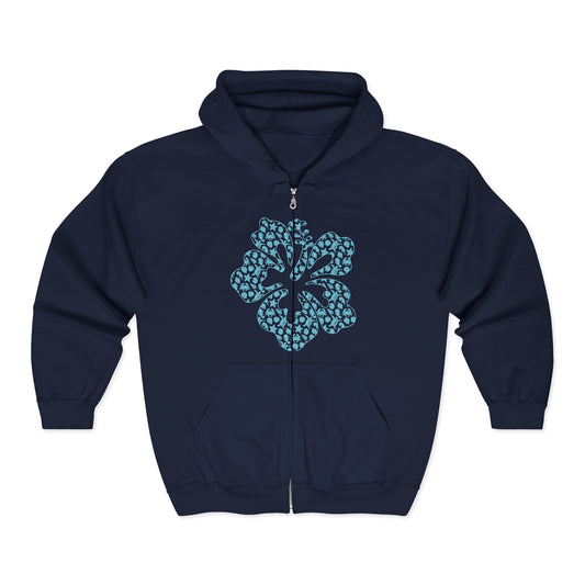 Navy blue full zip hoodie with a stylized hibiscus graphic design - Island Drops hoodie collection | Unisex zipper hoodie