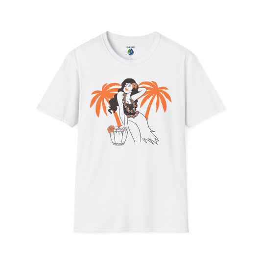White t-shirt with female hula dancer and palm trees graphic design - Island Drops t-shirt collection | Unisex t-shirts