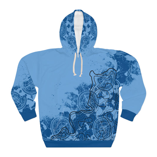 Blue hoodie with a nautical, terrain graphic design - Island Drops hoodie collection | Unisex pullover