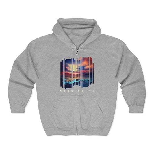 Gray full zip hoodie with a stylized sunset design and 'STAY SALTY' text - Island Drops hoodie collection | Unisex zipper hoodie