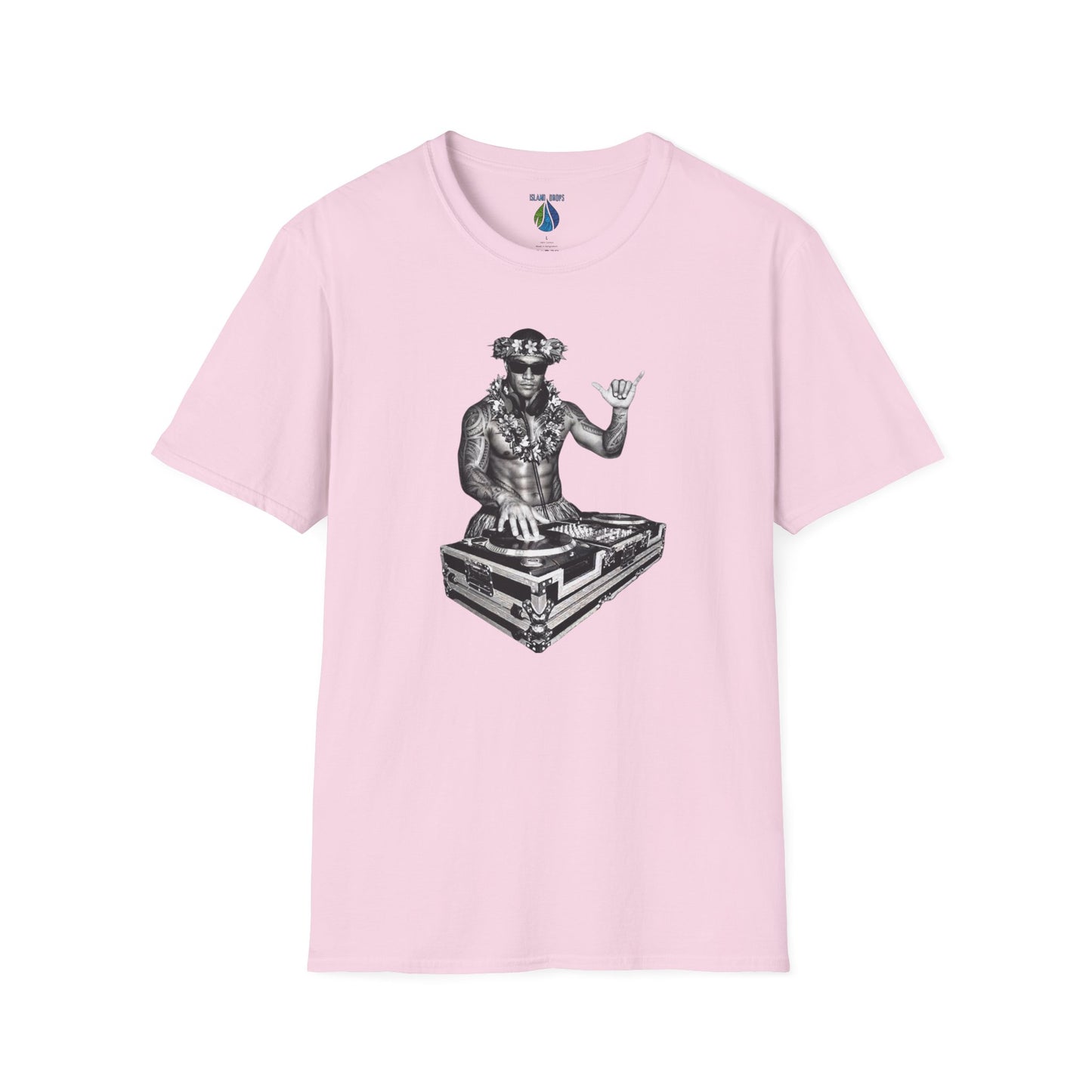 Pink t-shirt with a male hula dancer as a DJ graphic design - Island Drops t-shirt collection | Unisex t-shirt